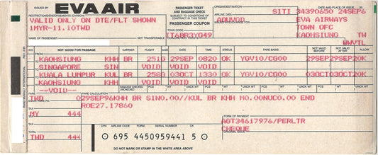 RBF現貨   EVA AIR PAPER FLIGHT TICKET 機票  TICKET-EVA *free shipping* 全球免運費