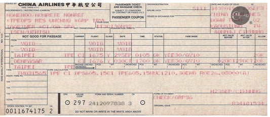 RBF現貨   CHINA AIRLINES OC PAPER FLIGHT TICK TICKET-CIOC *free shipping* 全球免運費