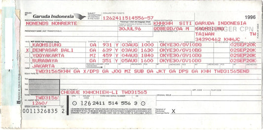 RBF現貨  GARUDA PAPER FLIGHT TICKET 機票  TICKET-GAR *free shipping* 全球免運費